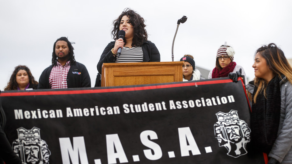 Members of the university's Mexican American Student Association talk during a rally on the Nebraska Union Plaza in November 2016. The student group is holding a series of Chicano awareness events the week of April 9.