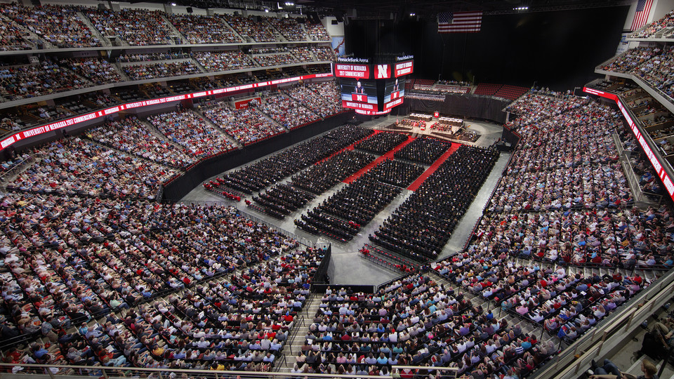 Pinnacle Bank Arena, shown here during the May 2017 ceremony, is home to the University of Nebraska–Lincoln's commencement exercises.