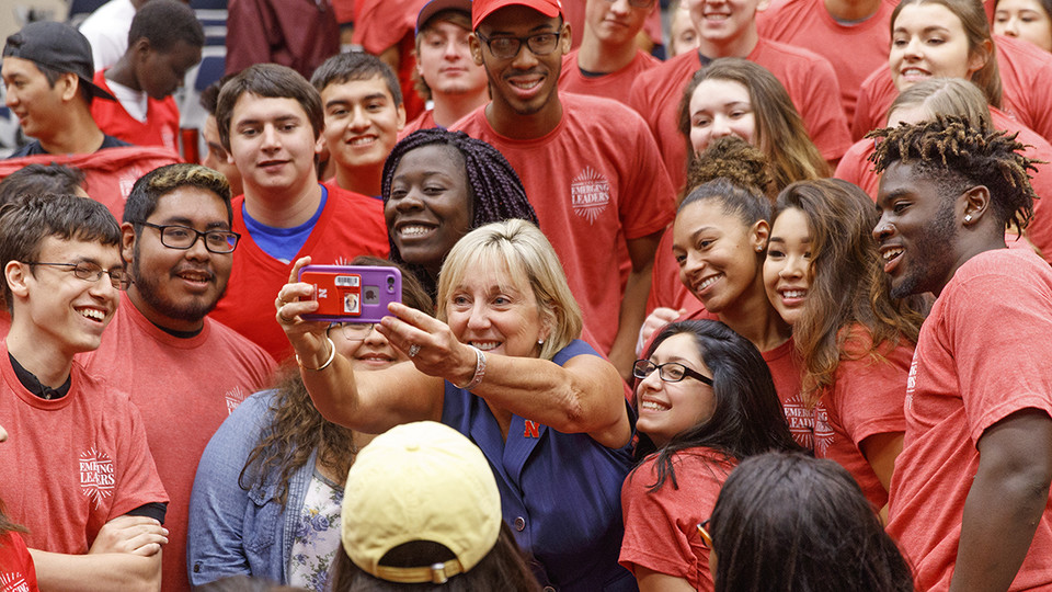 Donde Plowman takes a selfie with an emerging leaders group. Plowman has accepted a position as chancellor at the University of Tennessee.