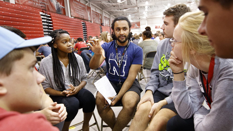 Incoming first-year students participate in Husker Dialogues, a diversity and inclusion event facilitated by more than 370 faculty, staff, and student conversation guides.