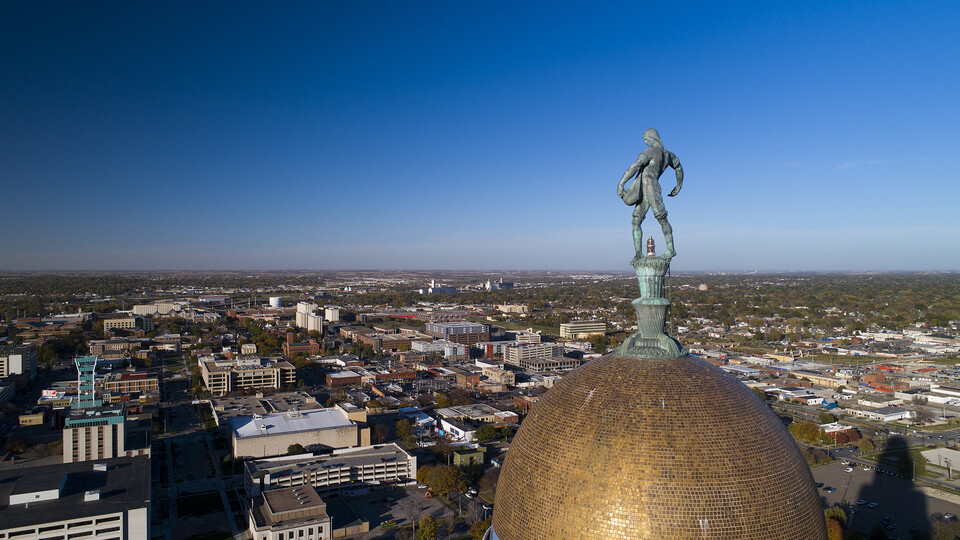 The city of Lincoln is seen in an aerial view from the state capitol building.