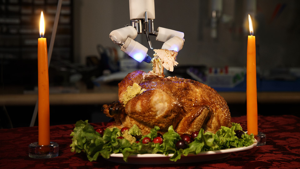 Nebraska researcher Shane Farritor carved this delicious looking bird (which is actually a chicken) using a robotic surgery device created through a partnership with a colleague at the University of Nebraska Medical Center.