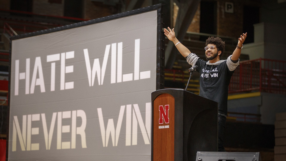 Alex Chapman talks during the student-led "Hate Will Never Win" rally at the Coliseum on Feb. 14.