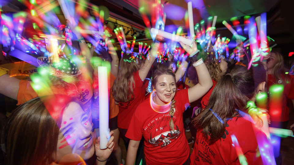 Phi Mu sorority members dance during the HuskerThon event on Feb. 17. The sorority raised the most money for the event, which supports Children's Miracle Network.