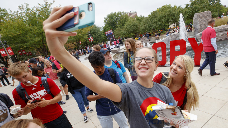 Huskers Taylor Eickhoff and Ali Bartels shoot a selfie during the "In Our Grit, Our Glory" brand launch on Aug. 30.