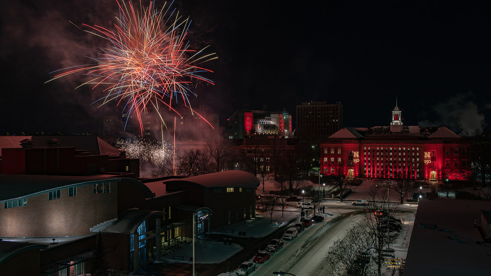 Fireworks fly over the University of Nebraska–Lincoln's City Campus after the conclusion of the "Music and Milestones" event at the Lied Center. The evening celebration completed the university's celebration of the 150th anniversary of Charter Day.