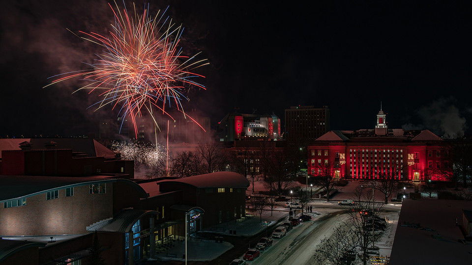 Fireworks light up the night sky during the University of Nebraska–Lincoln's 150th Charter Week Celebration on Feb. 15. The event was part of the university's yearlong observance of its sesquicentennial in 2019.