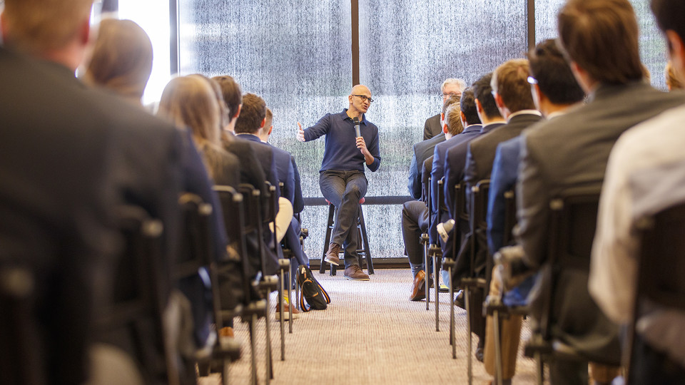 Microsoft CEO Satya Nadella talks with students from Nebraska's Jeffrey S. Raikes School of Computer Science and Management on April 18. Satya also participated in a public talk at the Lied Center for Performing Arts.