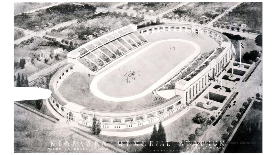 Black-and-white artist's rendering of the future Memorial Stadium