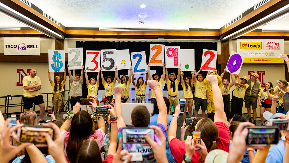 Students reveal the total raised during the 2020 HuskerThon on Feb. 29 in the Nebraska Union. The fundraising goal was $225,000.