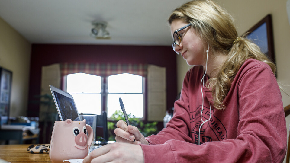 Emily Frenzen, a senior in agricultural and environmental science communication, Zooms in on a class from Fullerton, Nebraska, in March 2020. 