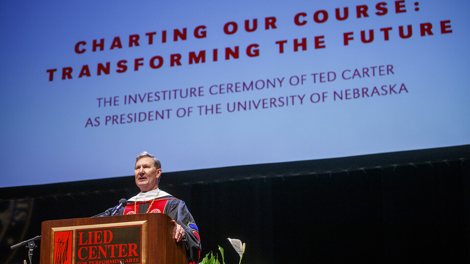 Ted Carter, president of the University of Nebraska system, delivers his vision for NU during his investiture on Aug. 14.