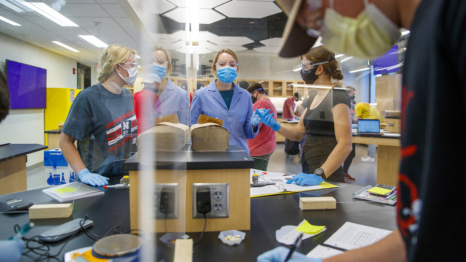 Sarah Brady, a chemistry lab teaching assistant (center, in blue), answers questions during a lesson in Hamilton Hall.