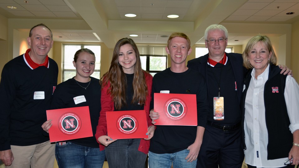 Three students received scholarships during the Oct. 5 celebration of UNL's Nebraska at Oxford program. Pictured (from left) are Martin Holmes, Nebraska at Oxford Program director and lecturer in political economy at Oxford; scholarship award winners Marissa Curtis, Christina Guthmann and Adam Smith; Nicholas Horsewood, assistant director of the program and lecturer in international economics at Oxford; and Donde Plowman, dean of CBA.