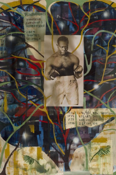 Untitled, by Radcliffe Bailey, 2000, mixed media and collage on paper, 80 1/2 x 60 in. (Courtesy image/Radcliffe Bailey and Jack Shainman Gallery, New York)