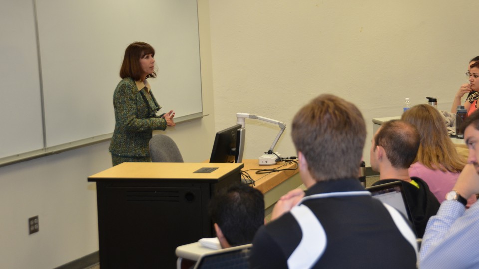 Laura Schulte speaks to students in the Leading People and Projects management course at the University of Nebraska-Lincoln. The students will present three local nonprofits with awards totaling $10,000 at a reception Dec. 10.