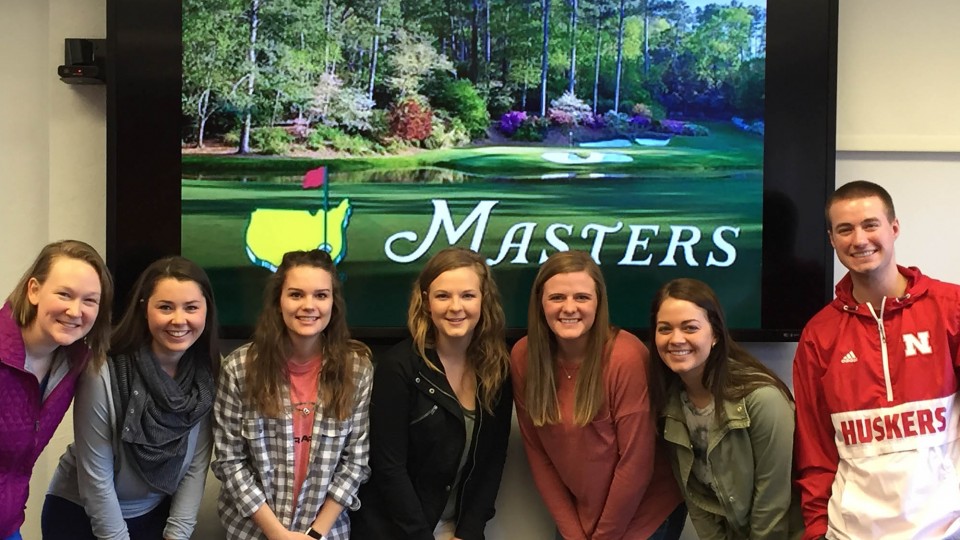 Hospitality, Restaurant and Tourism Management students who will be interns at the Masters Tournament gathered for a pre-trip meeting. They are (from left) Claire Phillips, Hannah DeMaro, Taylor Carlberg, Katie Loof, Mandi Bonifas, Natalie Pfiefer and Miles Brudigan. Not pictured are Lauren Brudigan, Kayla Cody, Hannah Goodwater, Alyson Junge and Maddy McClure.
