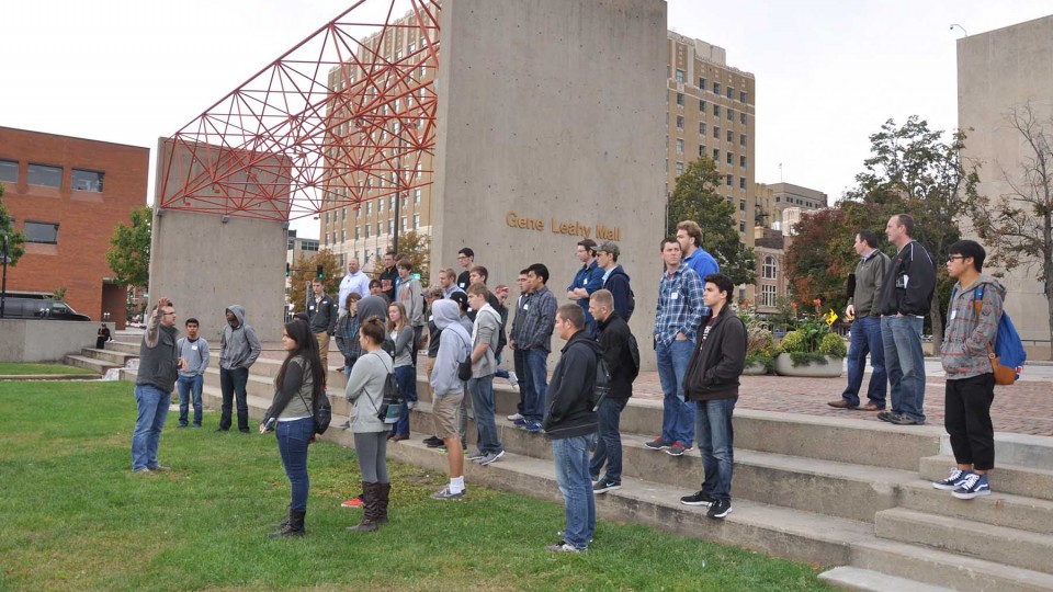 UNL College of Engineering students tour Omaha's Gene Leahy Mall in 2014.