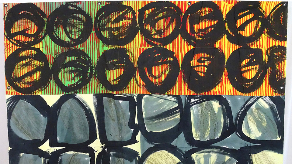 Excerpt of “Post Japan Stones” by Astrid Hilger Bennett, paint and pigment on fabric, 68 inches by 75 inches