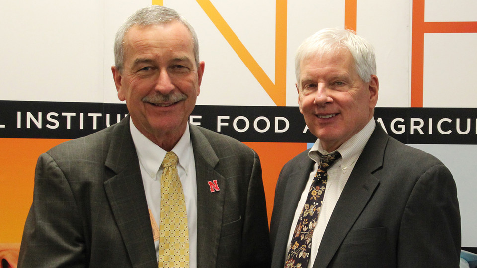 Chuck Hibberd (left), dean and director of Nebraska Extension, poses with J. Scott Angle, director of the National Institute of Food and Agriculture, during the NIFA Hall of Fame ceremony April 25 in Washington, D.C.