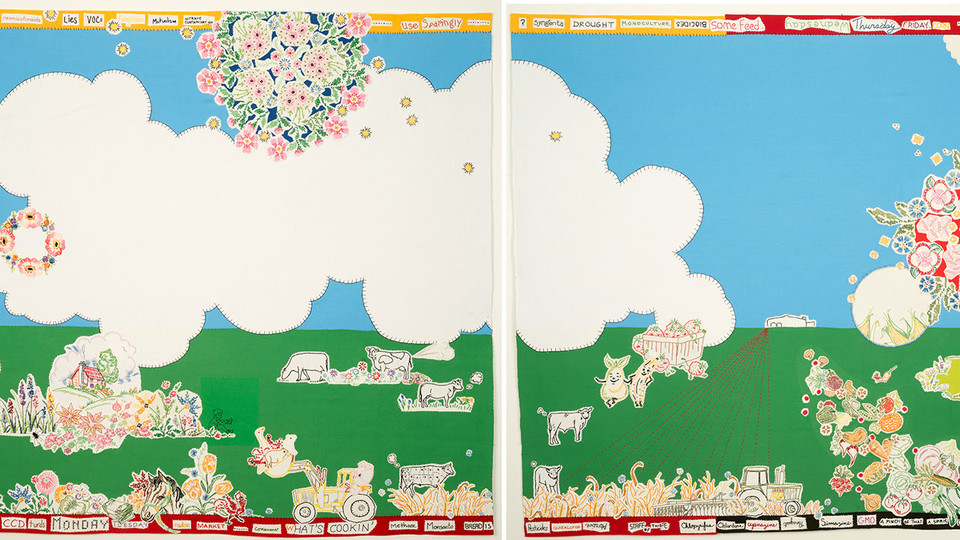 These 46-inch by 48-inch panels, part of the “Maggy Rozycki Hiltner: Vantage Point” exhibition, show images of environmental degradation due to farming practices.
