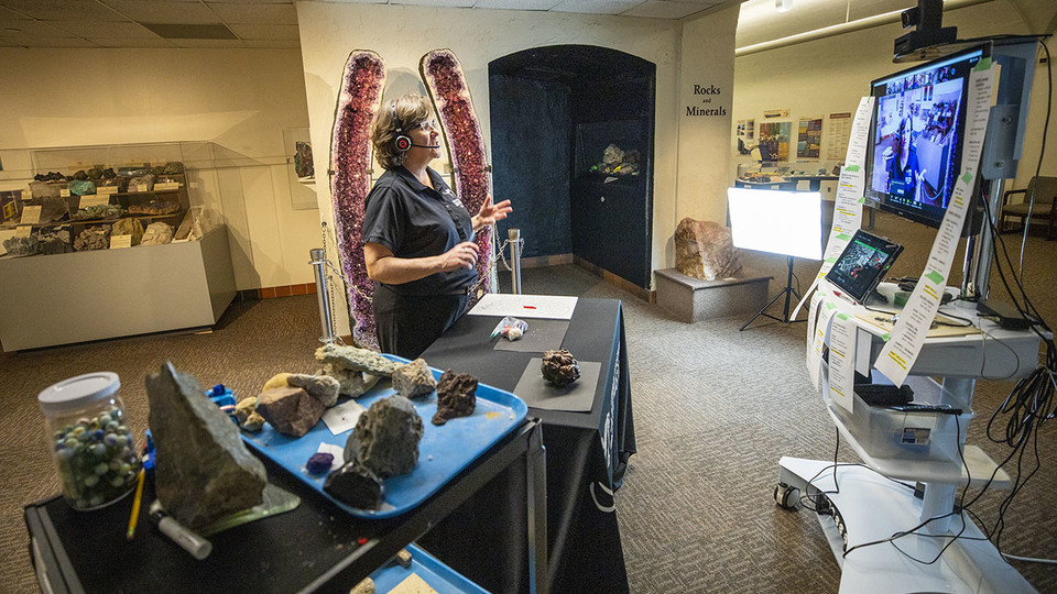 Annie Mumgaard, virtual learning coordinator for the University of Nebraska State Museum, gives a virtual tour to more than 120 young students April 14. She discussed various types of rocks.