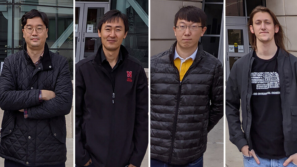 The research team includes (from left) Jongwan Eun, assistant professor of civil and environmental engineering; Seunghee Kim, assistant professor of civil and environmental engineering; Yuan Feng, doctoral student in civil engineering; and Patrick Benda, senior in civil and environmental engineering.
