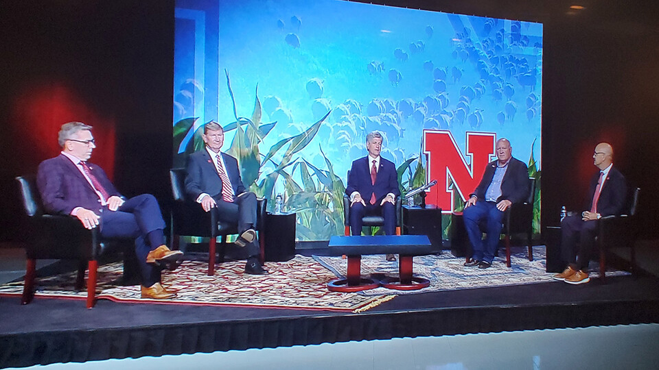 (From left) University of Nebraska–Lincoln Chancellor Ronnie Green, NU President Ted Carter, Rep. Jeff Fortenberry, Rep. Glenn “GT” Thompson and NU Vice President and Harlan Vice Chancellor for UNL’s Institute of Agriculture and Natural Resources Mike Boehm participate in an Aug. 20 tele-town hall on the future of agriculture.