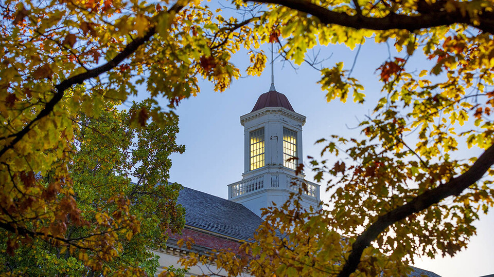 Love Library cupola through fall leaves