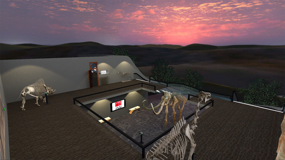 Museum fossils with prehistoric landscape in background