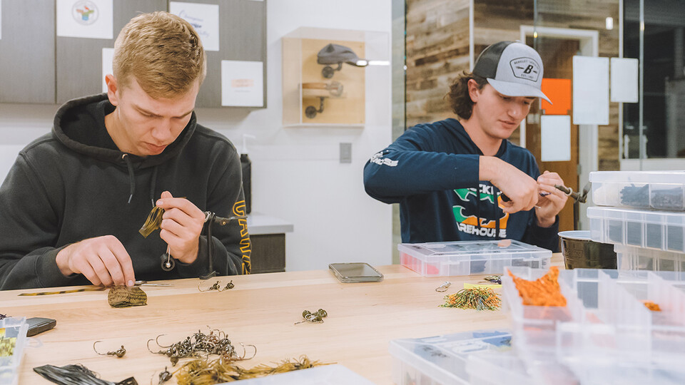 Husker seniors Cade Ludwig (left) and Hunter Suchsland make custom lures for their business LS Lures. The two started the business as a project for their Engler 275 class. 