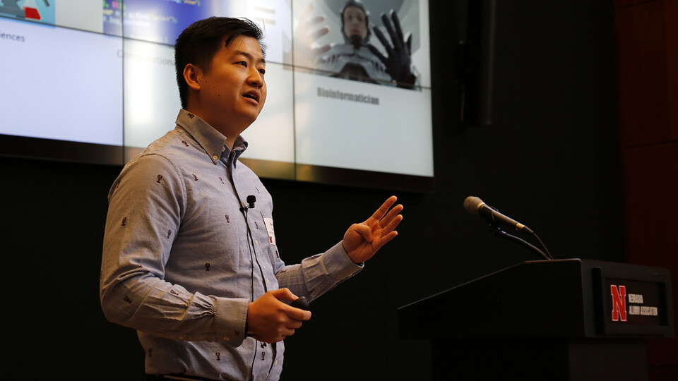 Bowen Yang, a graduate student studying bioinformatics, gives a presentation during the first-ever Student Research Days Slam on April 13. He was the audience's choice for winner, earning a $500 prize.