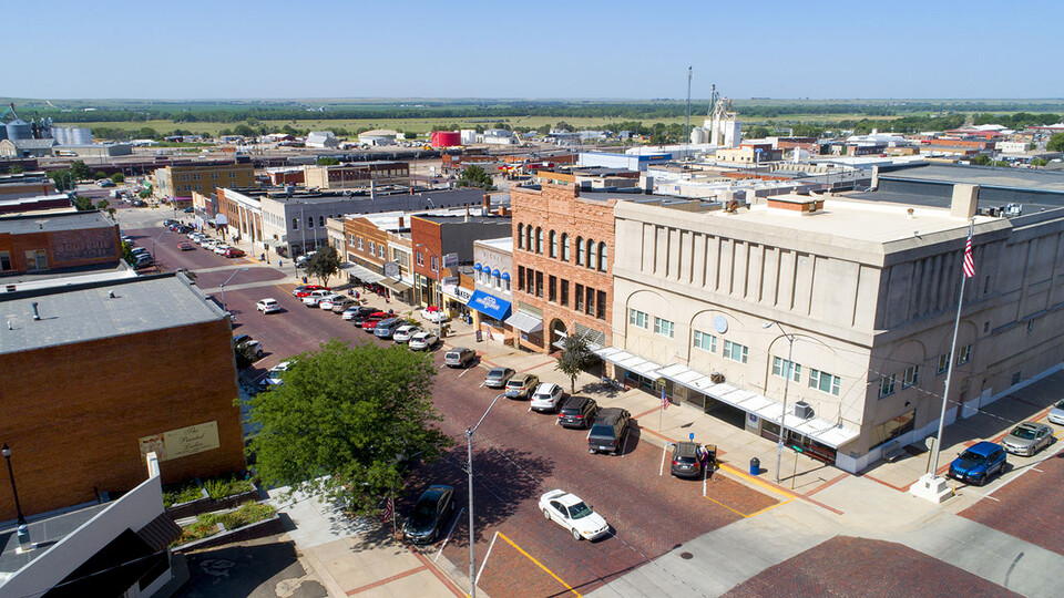 Aerial view of street in downtown McCook