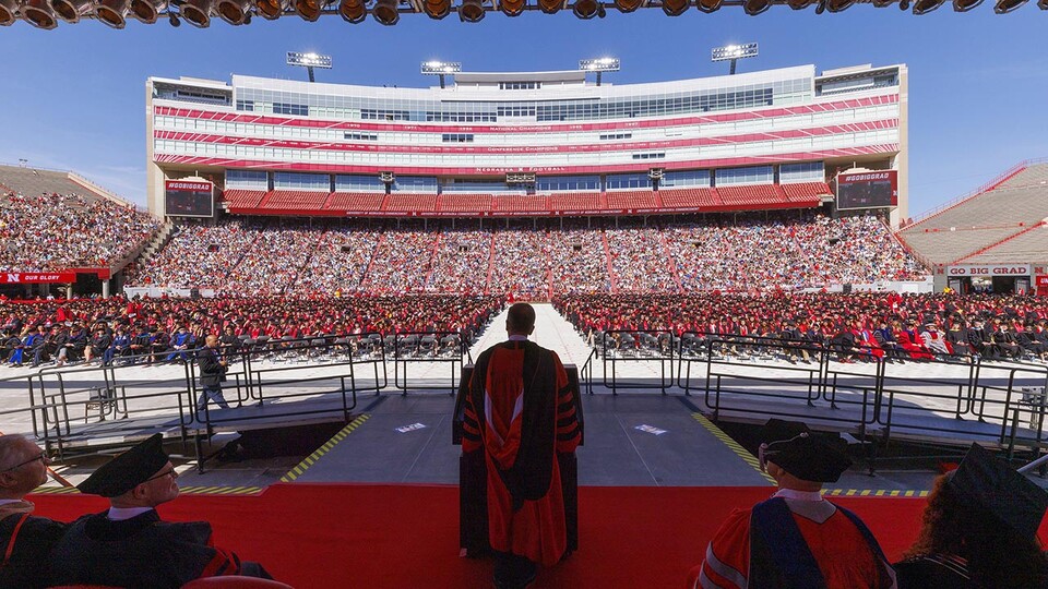 Chancellor Ronnie Green welcomes the graduates and audience to the undergraduate commencement ceremony May 14 at Memorial Stadium. The university conferred a record 3,612 degrees during commencement exercises May 13 and 14.