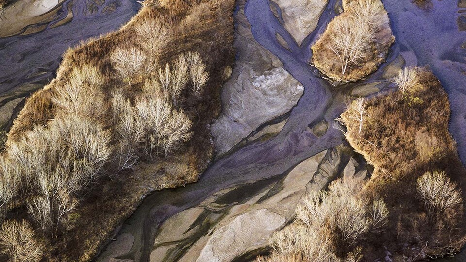 Aerial view of Platte River, with tree-filled sand bars