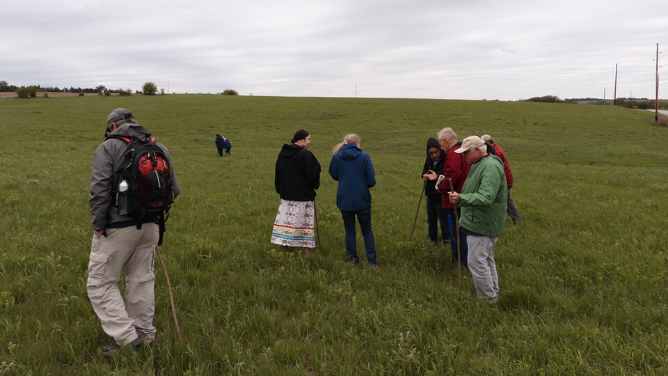 Representatives of the Otoe-Missouria Nation walk around a green field at the Henry Dieken Prairie south of Unadilla in May.