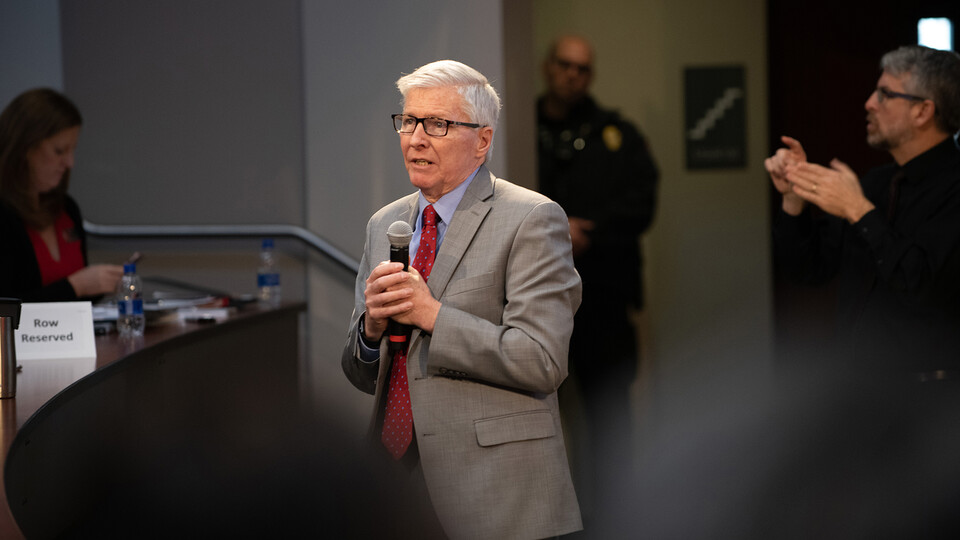Archie Clutter, dean of the Agricultural Research Division, speaks during the State of Our University event in February 2020. After 11 years leading ARD, part of the university’s Institute of Agriculture and Nature Resources, Clutter will retire at the end of 2022.