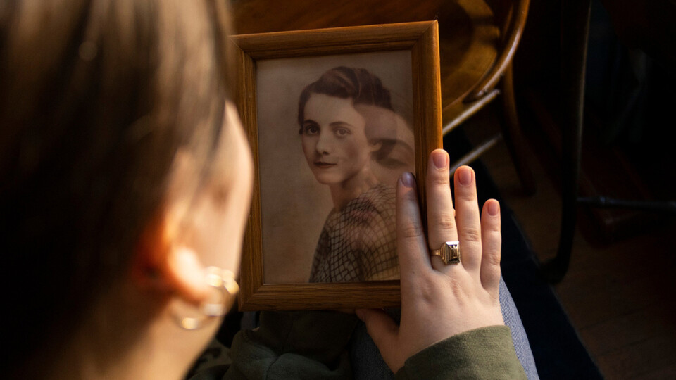 From Jordan Moore’s essay “Possessions”: Isabel Sheesley, 20, a junior at Southeast Community College, sees herself in the portrait of her great-grandmother. Sheesley wears her great-grandmother’s class ring from 1932 every day. The ring keeps her connected to her family, Sheesley said.