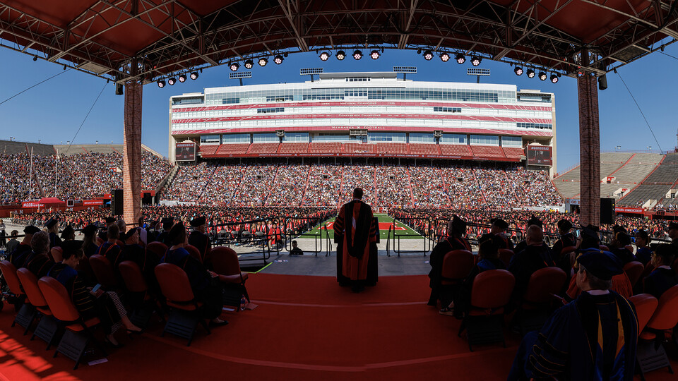 Chancellor Ronnie Green speaks during the undergraduate commencement ceremony May 20 at Memorial Stadium. The university conferred a record 3,753 degrees during commencement exercises May 19 and 20.