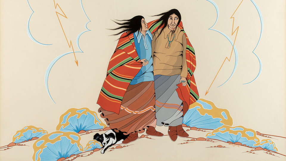 Painting of two Native women in a surreal landscape with clouds and lightning