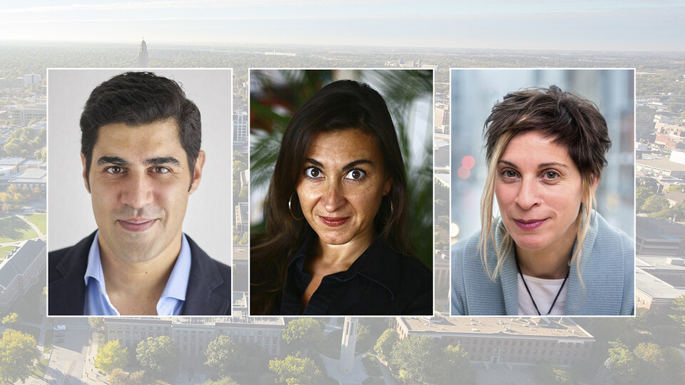 Color portraits of Parag Khanna, Lynsey Addario and Leilani Farha on a color campus background