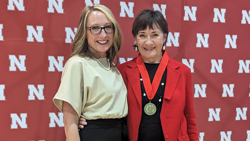 Shari Veil (left), dean of the College of Journalism and Mass Communications, is seen with humanitarian and 1964 graduate Jane Olson.