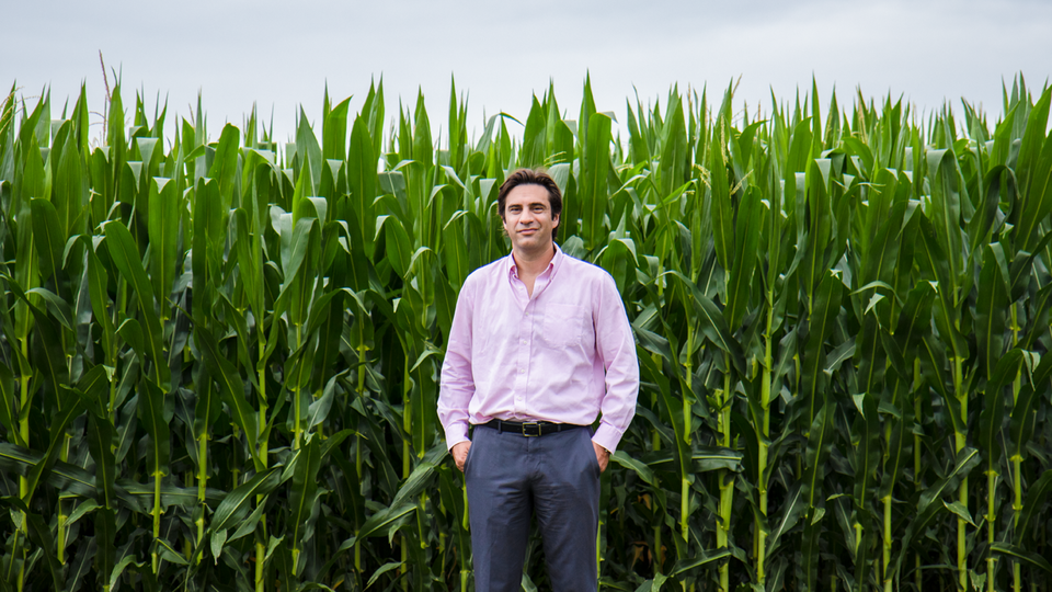Patricio Grassini, associate professor of agronomy and horticulture at Nebraska, stands in front of a corn field.