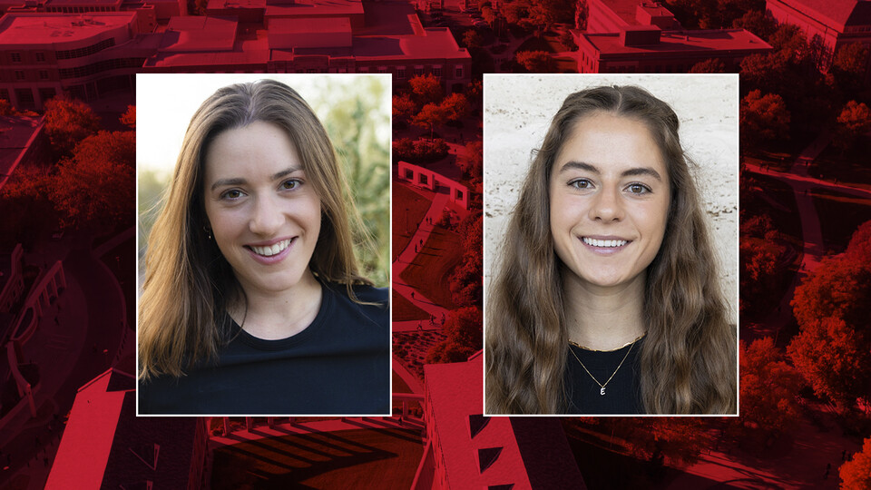Color portraits of Naomi Delkamiller and Ellie Kuckelman on a red campus background.