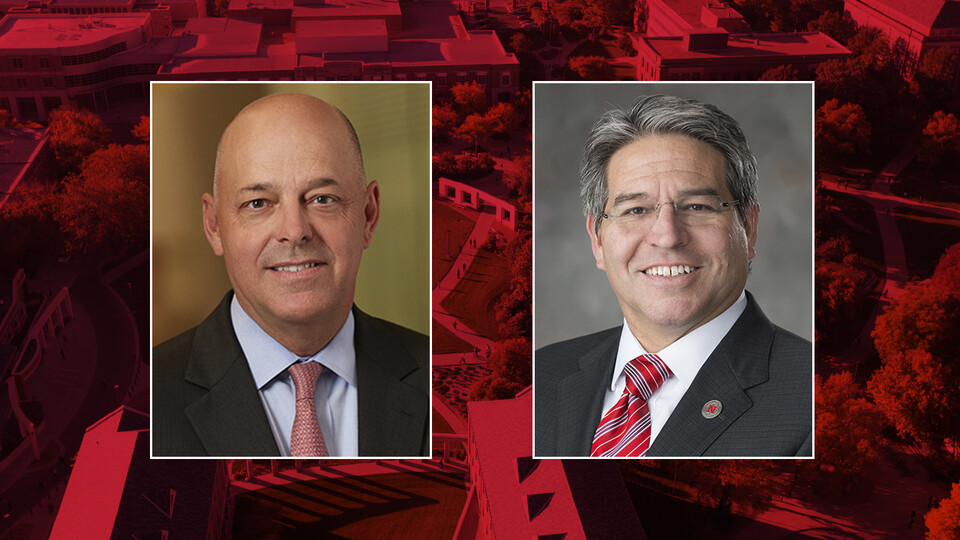 Color portraits of Fred Hunzeker and Lance C. Pérez on a red campus background.