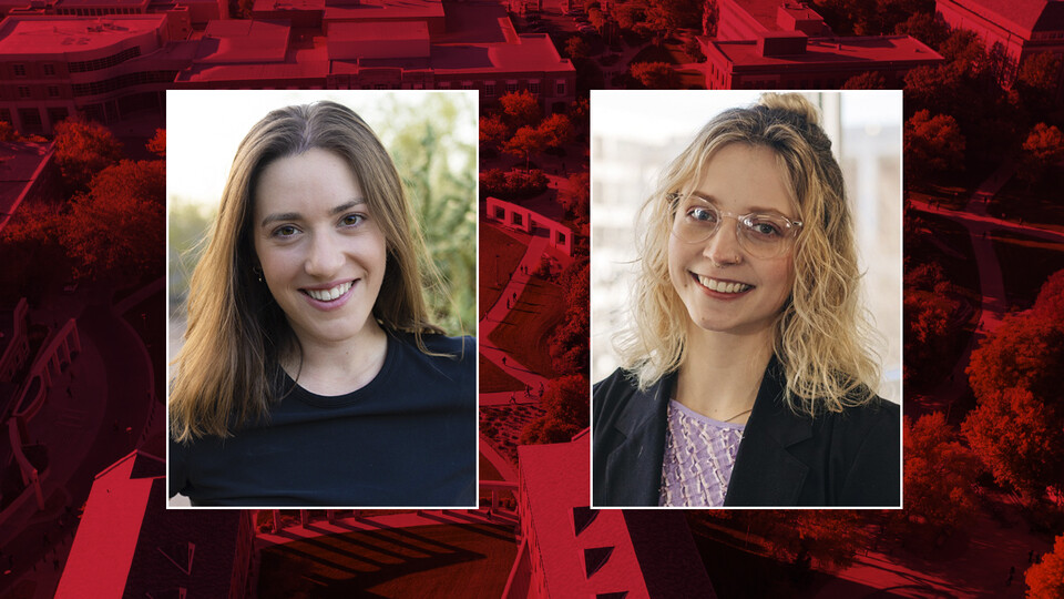 Color photos of Naomi Delkamiller and Anne Gallagher on a red campus background