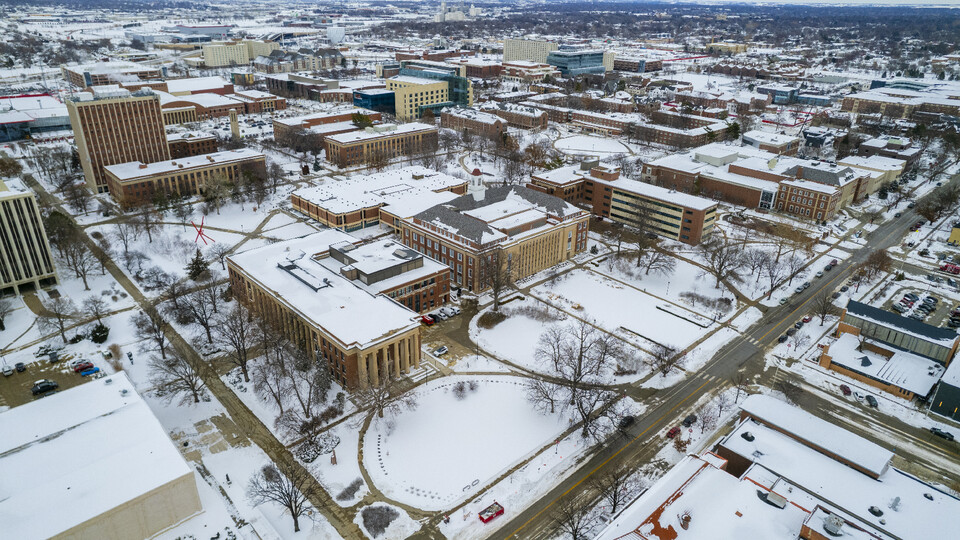 Aerial shot of the University of Nebraska–Lincoln's City Campus, covered in snow