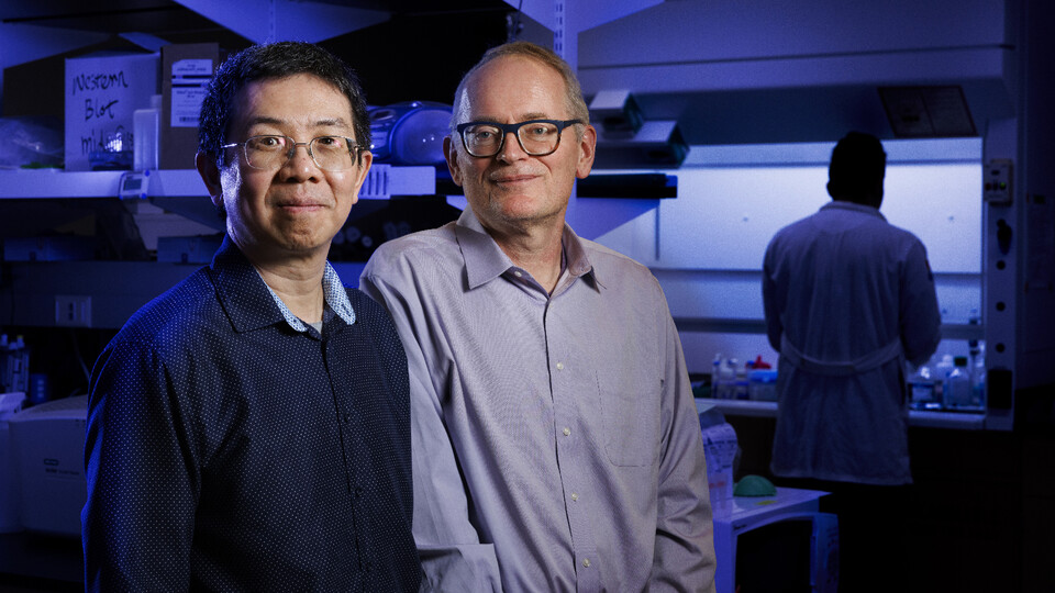 Jiantao Guo and Janos Zempleni stand next to each other in a blue-lit lab.