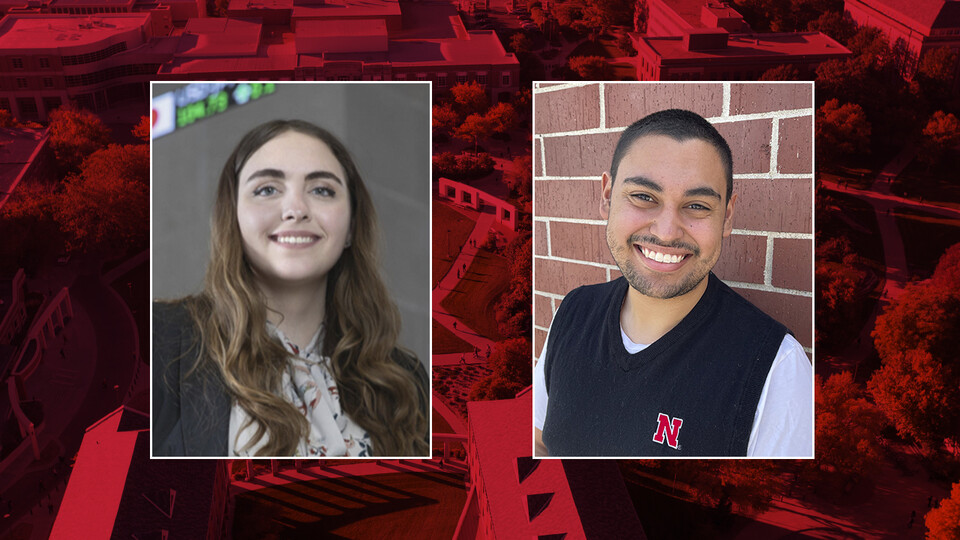 Color portraits of Sophia Stockham and Xavier Ovalle on a red campus background