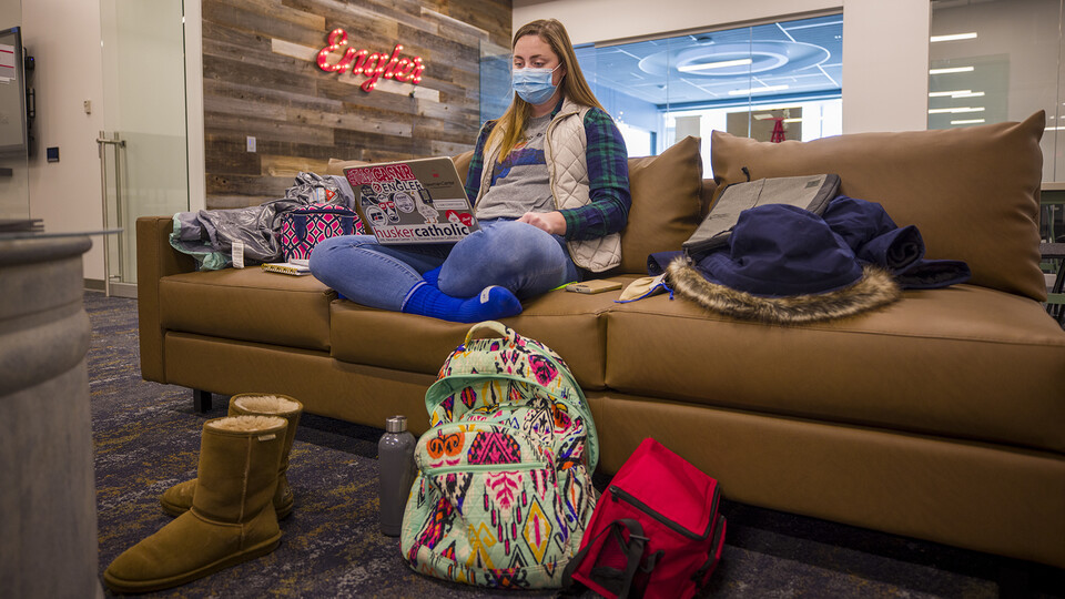 Lucy Kimball, a junior hospitality, restaurant and tourism management major, studies in the Engler Agribusiness Entrepreneurship Program space on the second floor of the Dinsdale Family Learning Commons.